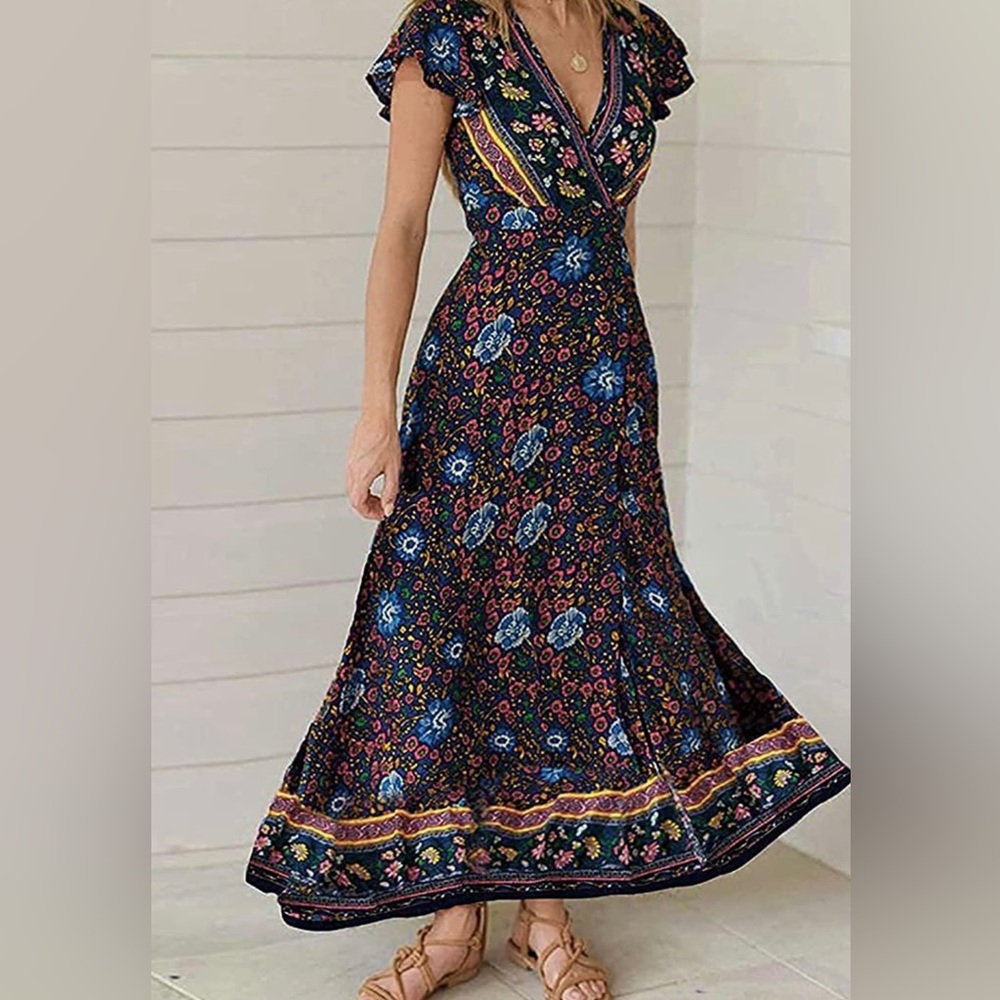 Floral Printed Wrap V Neck Short Sleeve Maxi Dress